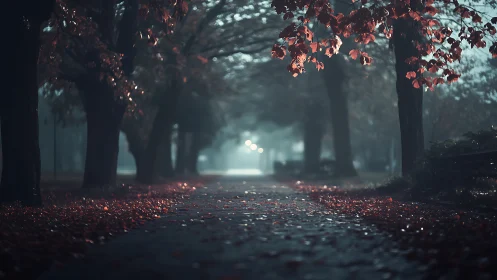 Tree-lined pathway extends into fog with wet fallen leaves