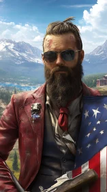Bearded man in red suit holding US flag in mountains.