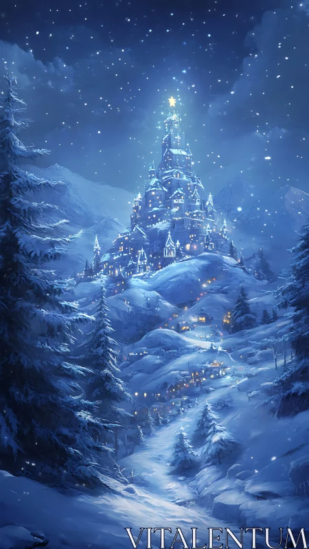 Starlit winter citadel crowned by luminous alpine snowfields.