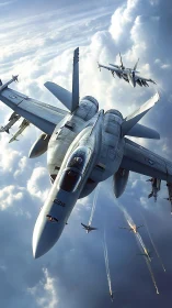 Sky-slicing fighter squadron dives through stormlit clouds.