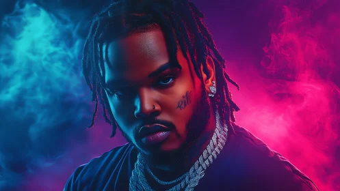 Electric neon portrait captures intense hip-hop attitude.