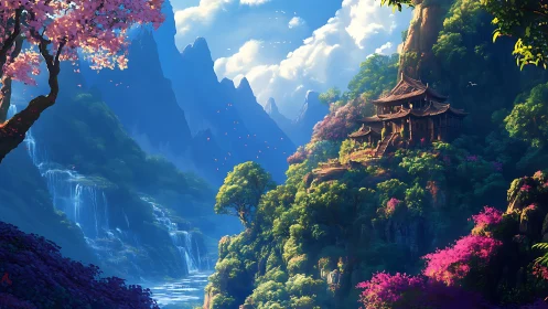 Mountain temple among waterfalls and dense forest landscape.