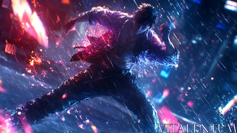 Neon rain brawler ignites a stormlit cyberpunk alleyway.