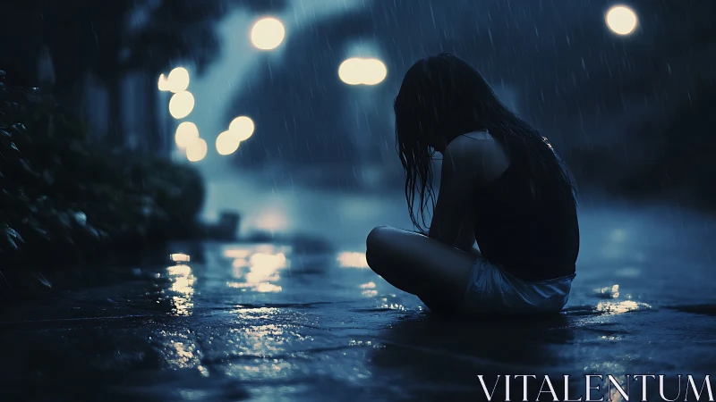 Solitary figure in nocturnal rain rendered in photoreal gloom