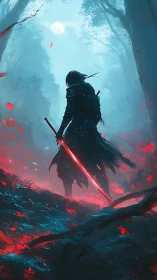 Lone swordsman with crimson blade in mist drenched forest.