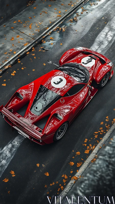 Red racing sports car on wet city street in autumn conditions.