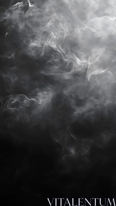 Ethereal white smoke curls through deep shadowed darkness.
