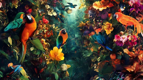 Colorful parrots among dense tropical flowers in jungle.