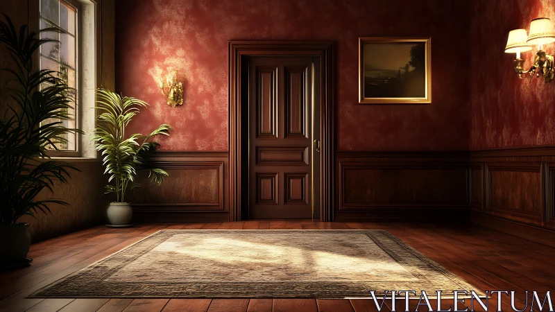 Classic red hallway with central wooden door and warm light
