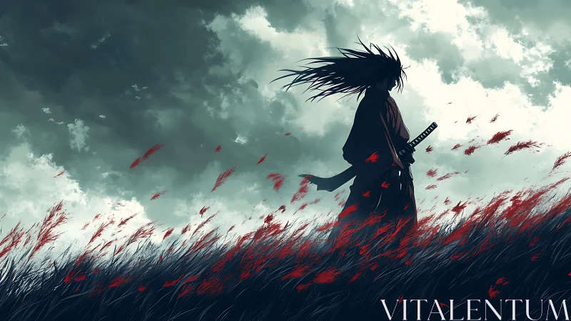 Lone samurai in stormy crimson field of restless grass.