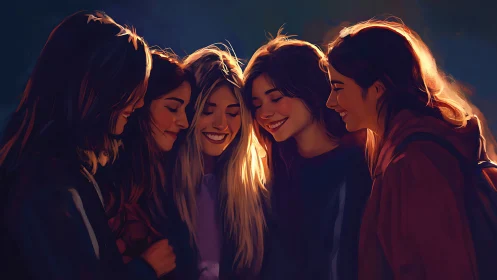 Group of Young Women Smiling Together in Warm Artistic Lighting.