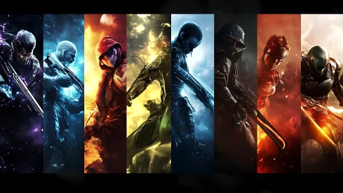 Seven armored sci fi soldiers stand segmented by color bands