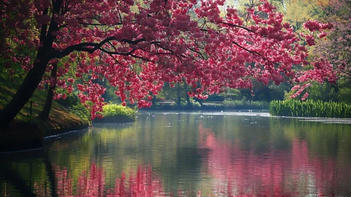 Spring blossoms lean gently over a calm reflective river