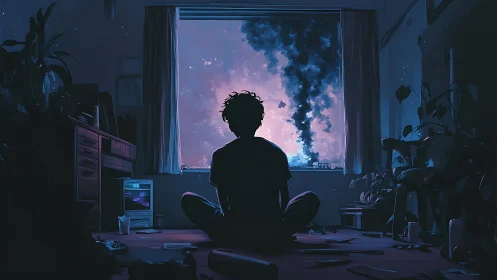 Quiet midnight watcher gazing toward a distant burning sky.