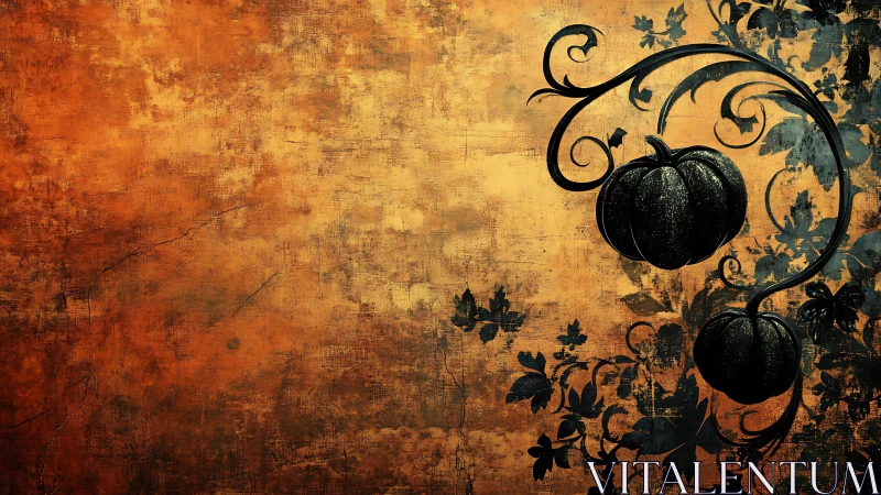 Elegant black pumpkin vines curl over rustic orange wall.