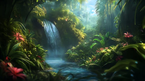 Lush jungle waterfall flows into calm, reflective stream