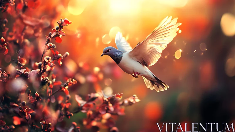 Sunlit dove glides through glowing spring blossom haze.