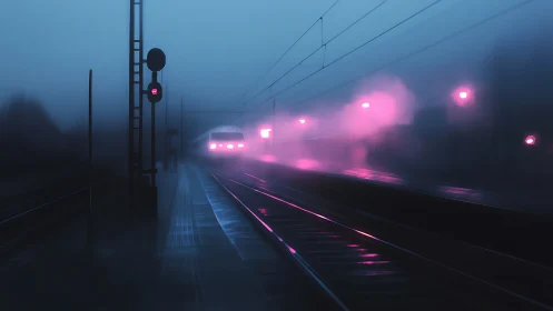 High-speed train approaches foggy station with neon lighting