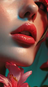 Glossed lips with floral accents in cinematic teal and coral.