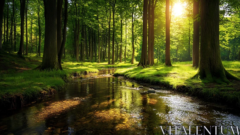 Temperate Forest Stream with Towering Deciduous Canopy.