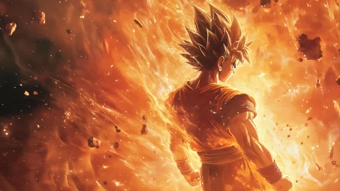 Character stands amid dense orange energy field and debris