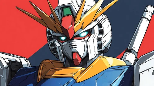 Mecha hero bust with glowing eyes on bold split backdrop.