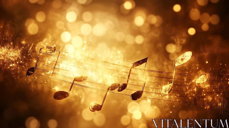 Golden music notes shimmer across staff with bokeh illumination
