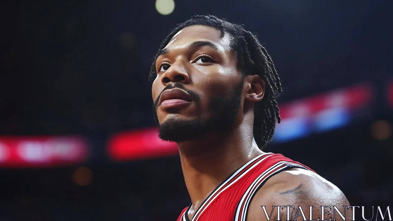 Focused basketball player under bright arena lights.