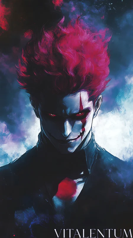 Sinister crimson clown in moody, high-contrast portrait.