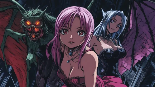 Three winged demonic figures in gothic anime environment.
