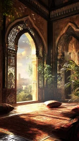 Sunlit Moorish terrace opens onto a tranquil desert city