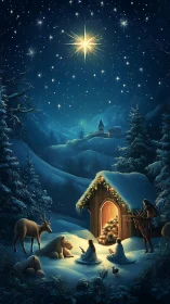 Snow covered nativity scene under large star in night sky.