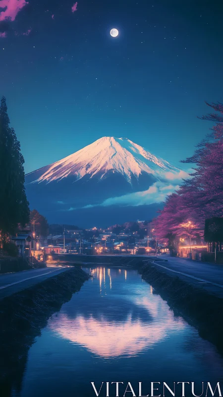 Snow-capped mountain over canal at night with reflected moon.