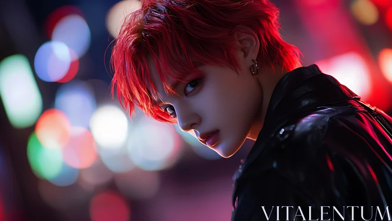 Cinematic red‑haired figure under neon bokeh with glossy leather jacket