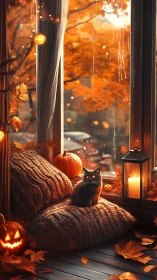 Digital painting of autumn window nook with black cat focus.