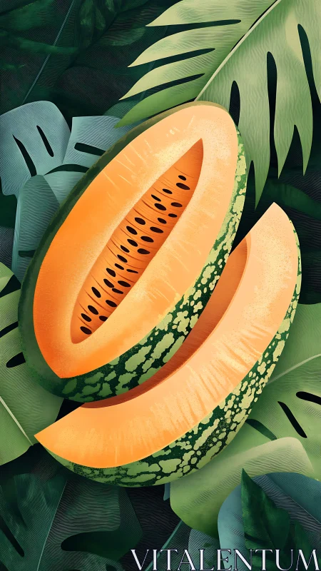 Sliced cantaloupe-style melon rendered with layered tropical foliage