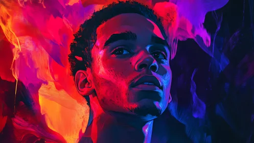 Digital portrait of person in intense red and blue lighting.