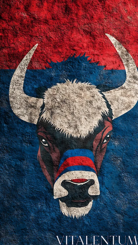 Buffalo head mural with tricolor bands on rough stucco wall