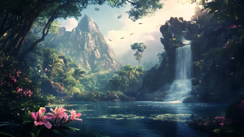 Dense forest valley with waterfall, lake and distant peaks.