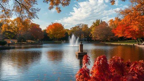 Serene park fountain reflects vivid autumn trees at sunset