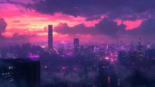 Neon dusk ignites a futuristic skyline in violet stormlight.