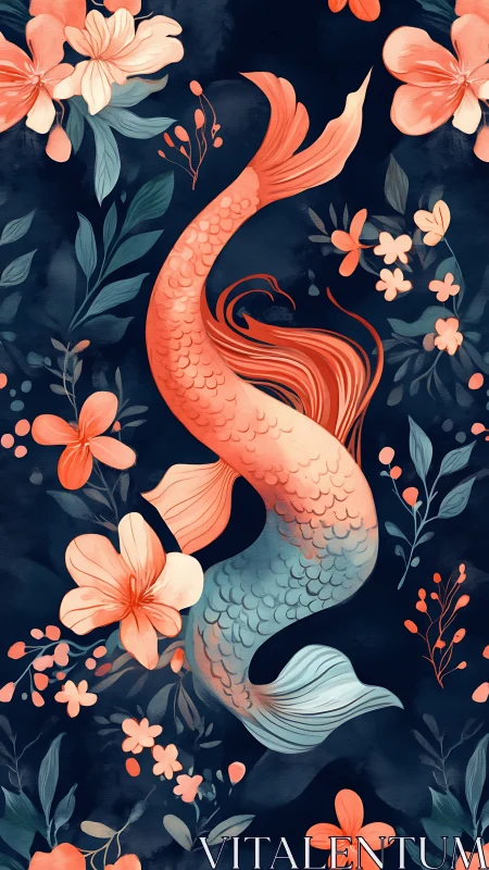 Vertical koi mermaid motif with coral florals on indigo ground.