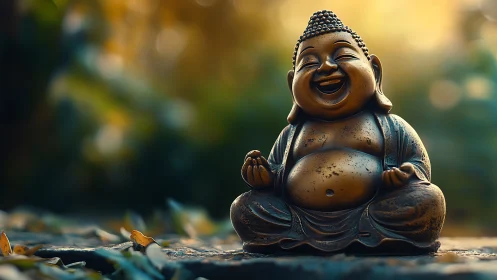 Laughing Buddha bronze statue rests in warm garden light