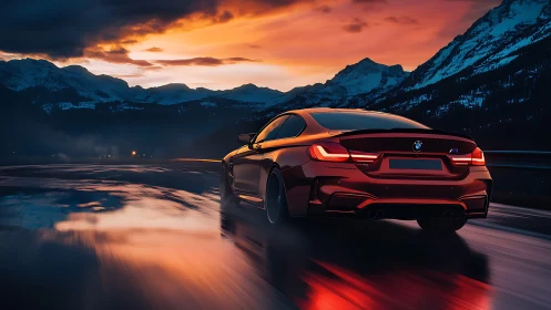 Red sports coupe powers through alpine pass at sunset.