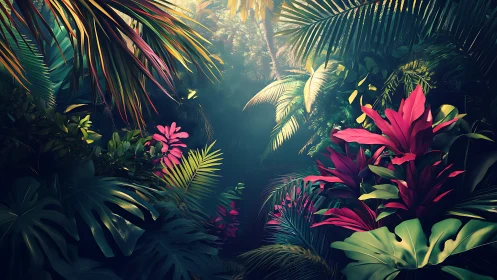 Lush digital jungle with magenta foliage and misty light.