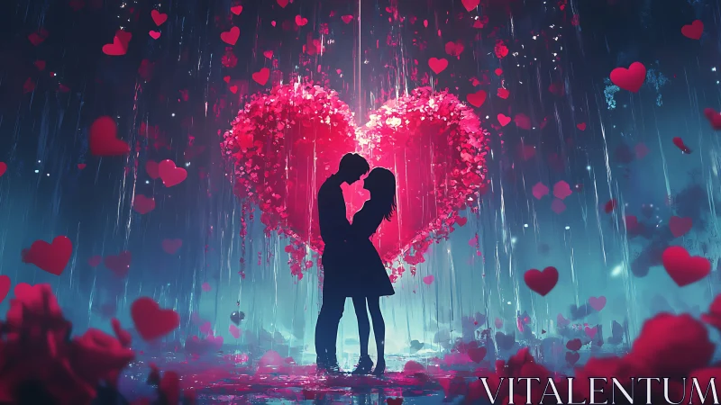 Neon Heart Kiss: Digital Romance Under Falling Hearts.