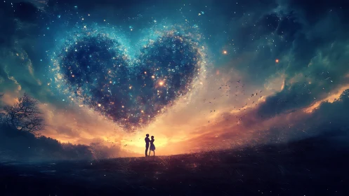 Silhouetted couple beneath cosmic heart constellation sky.