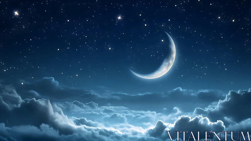 Crescent moon above layered clouds under starry night sky.