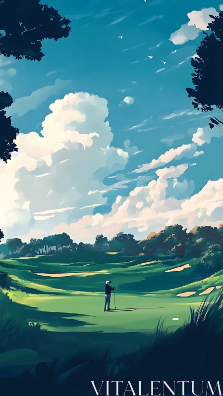 Solitary golfer contemplates a shot beneath towering clouds