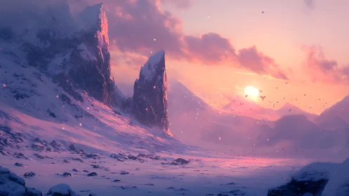 Snow-covered mountain valley with sunset and steep cliffs.